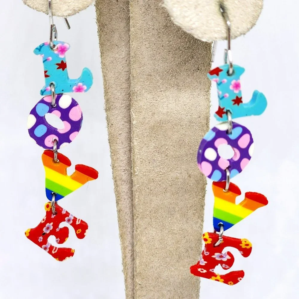 LOVE Long Multi Color Rainbow Dangle Pierced Light Weight Fashion Earrings